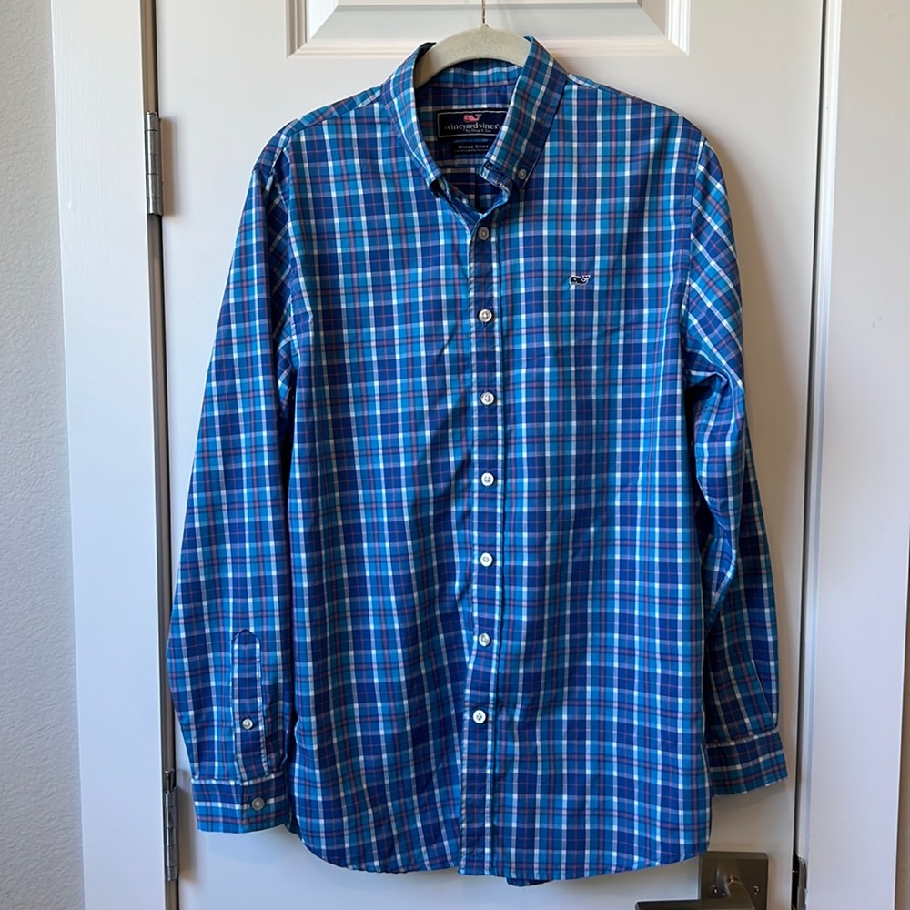 EUC Vineyard Vines Boys Long Sleeve Button Down Blue Checked Shirt Size XL 18